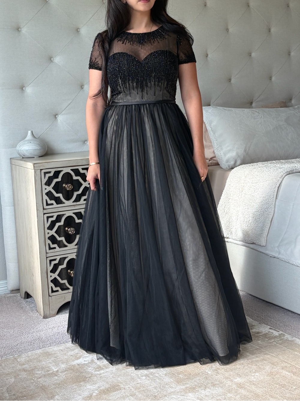 Black Beaded Tulle Maxi Gown